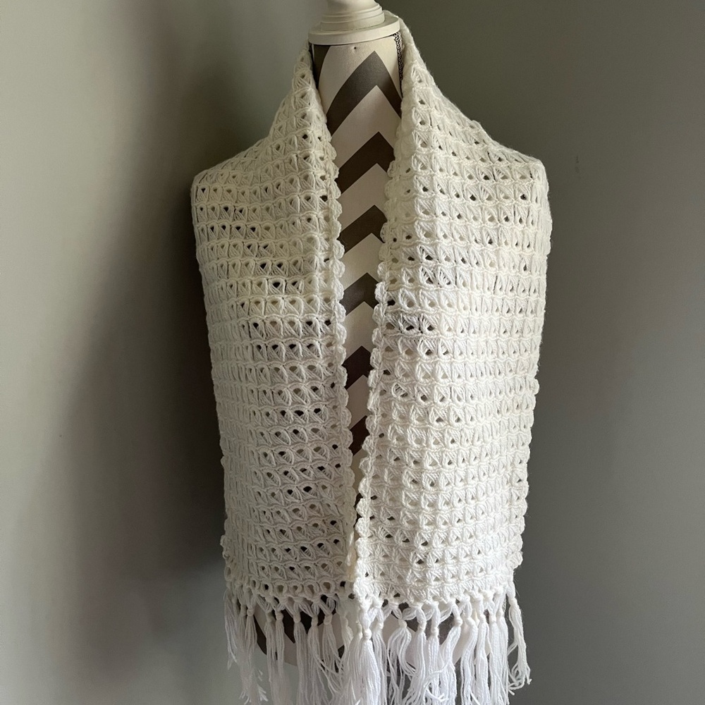 Vintage White Crochet Shawl with Fringe